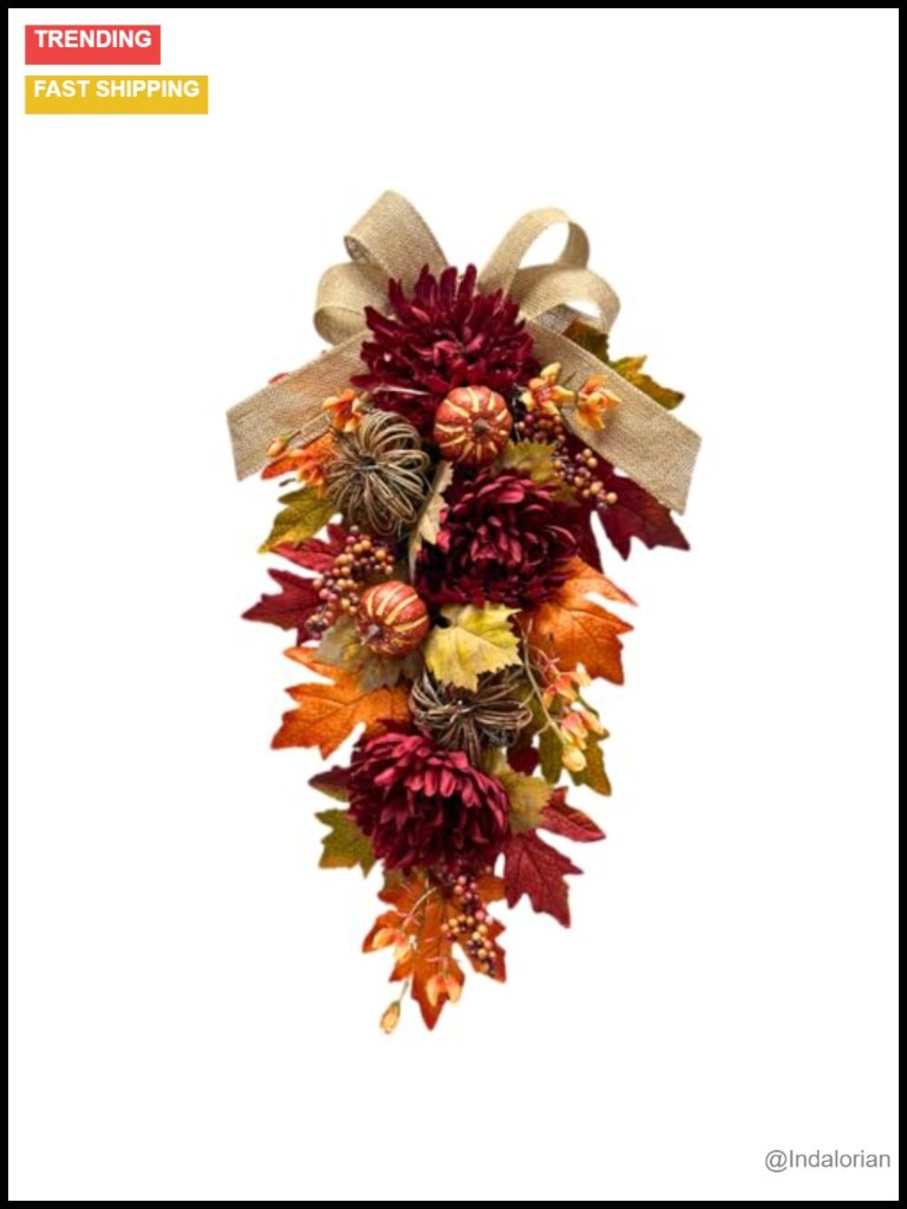 24" Lighted Fall Teardrop Swag Burlap Bow Timer Battery-Operated
